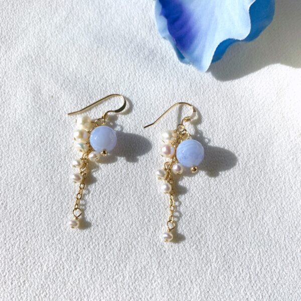 Blue lace agate and pearl earrings